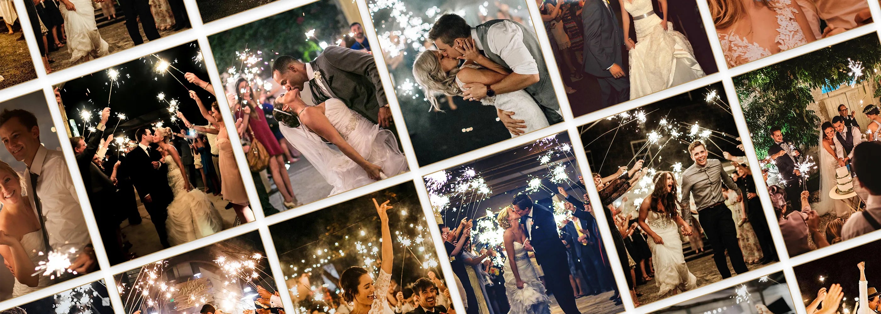 Joyful couple's wedding exit with hand-held sparklers illuminating the night.